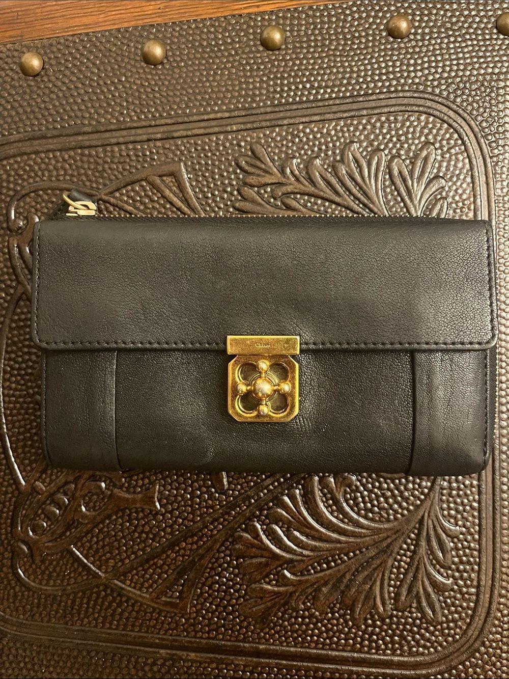 Chloe Black Leather Zip Around Wallet with Gold Turn-Lock